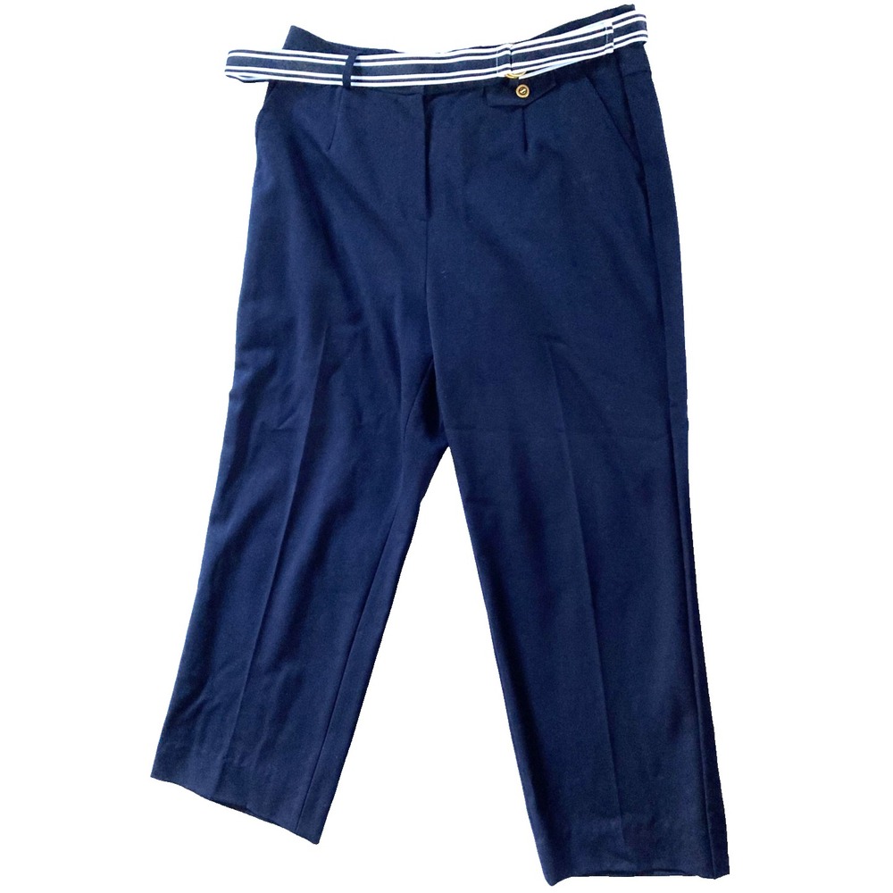 St John Sport Pants Womens 10 Navy Blue Belted Straight Leg Dress Cropped Work
